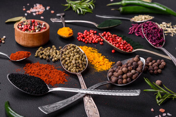 Several types of spices in metal spoons paprika, tomatoes, curry, beets, cumin, turmeric, fennel,...