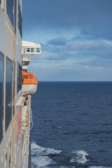 View from deck over bow and side of legendary Cunard luxury ocean liner Queen Mary 2 cruise ship...