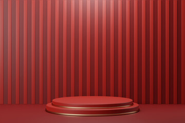 3d rendering modern red and gold pedestal podium and modern geometry on red background