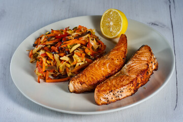Salmon steak and stir fry vegetables