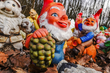 colorful garden gnomes with grapes at a place in the forest