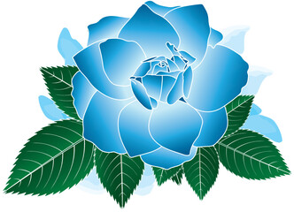 Illustration of blue rose flower with leaves on white background.