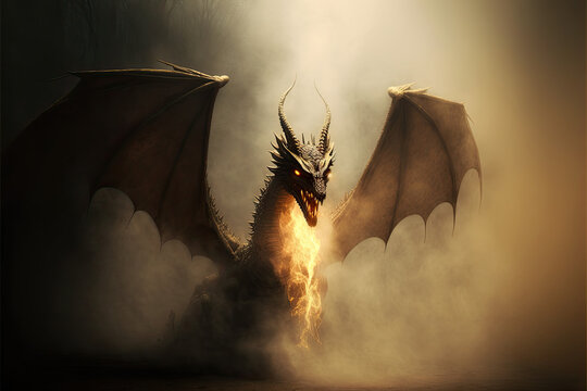 Giant dragon shrouded in smoke breathing fire Generative AI