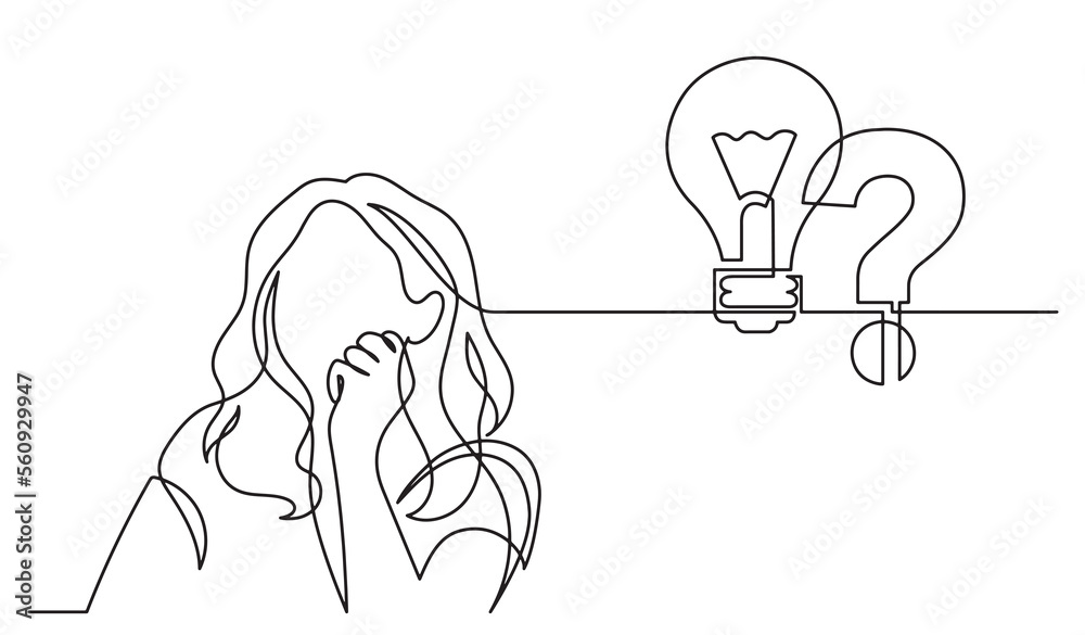 Poster one line drawing of person thinking solving problems finding solutions concept visual - png image wi