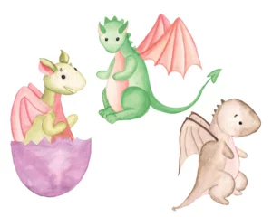 Fotobehang Isolated Watercolor Dragon Clipart on White Background, Cute Dragon Illustration © Nazzasi