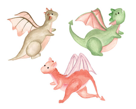 Isolated Watercolor Dragon Clipart on White Background, Cute Dragon Illustration