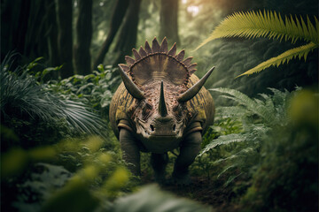 Hyperrealistic Triceratops Dinosaur In the Jungle Generative AI - obrazy, fototapety, plakaty