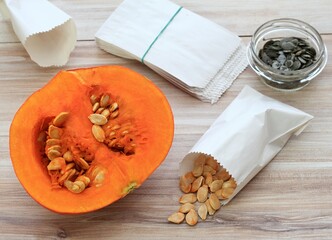 Getting own seeds from orange hokaido pumpkin. Dried seeds in paper bag, seeds from oil pumpkin...