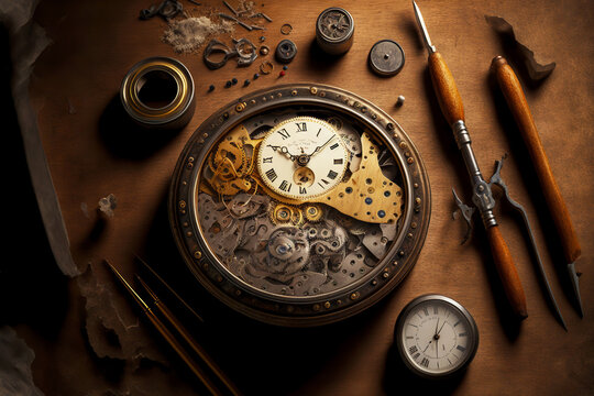 Disassembled Old Clock With Clockwork And Table Repair Tool