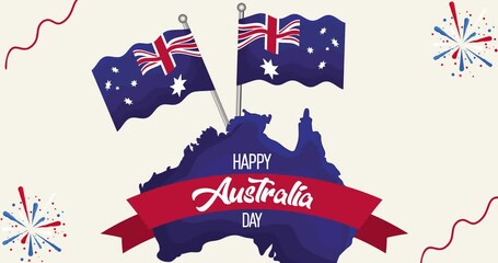 Happy Australia day lettering. Map of Australia with flag. 26 January. Australia day celebration 4k Video Animation. Australian Flag.