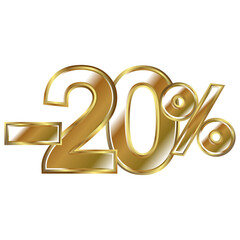 Discount minus 20 percent, golden shiny numbers banner element. Special offer price reduction message promotion store design