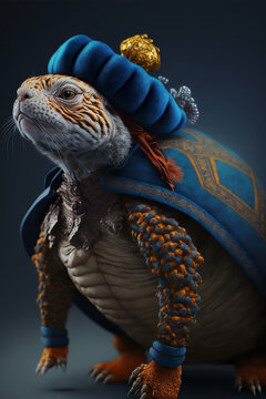 Portrait of a colorful Royal Turtle in full suit 