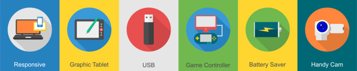 A set of 6 computer and Hardware icons as responsive, graphic tablet, usb