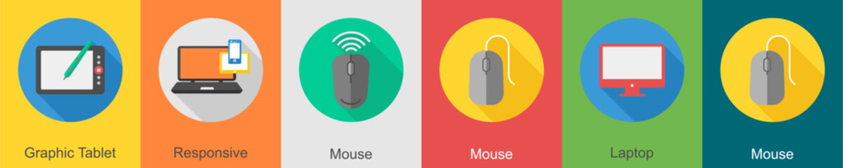A set of 6 computer and Hardware icons as graphic tablet, responsive, mouse