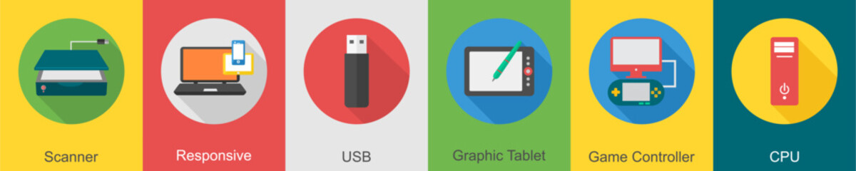 A set of 6 computer and Hardware icons as scanner, responsive, usb