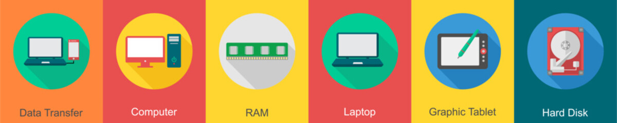 A set of 6 computer and Hardware icons as data transfer, computer, ram