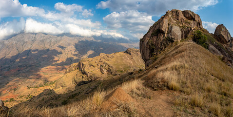 Andringitra national park, Haute Matsiatra region, Madagascar, beautiful mountain landscape with trail to Chameleon peak and massifs. Hiking in Andringitra mountains. Madagascar wilderness landscape.