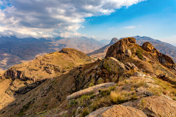 Andringitra national park, Haute Matsiatra region, Madagascar, beautiful mountain landscape with trail to Chameleon peak and massifs. Hiking in Andringitra mountains. Madagascar wilderness landscape.