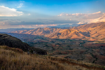 Andringitra national park, Haute Matsiatra, Madagascar, beautiful mountain landscape, view to valley from Chameleon peak and massifs. Hiking in Andringitra mountains. Madagascar wilderness landscape.