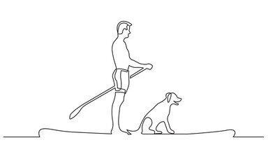 continuous line drawing man dog paddling on board - PNG image with transparent background - obrazy, fototapety, plakaty