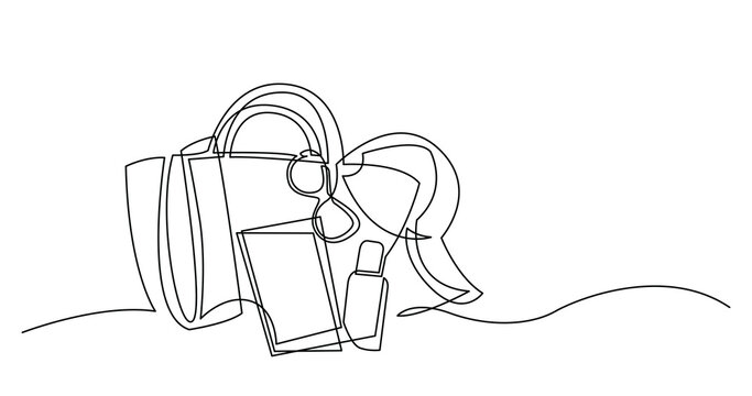 continuous line drawing of bag with sunscreen lotion towel hat and ticket on sand beach - PNG image with transparent background