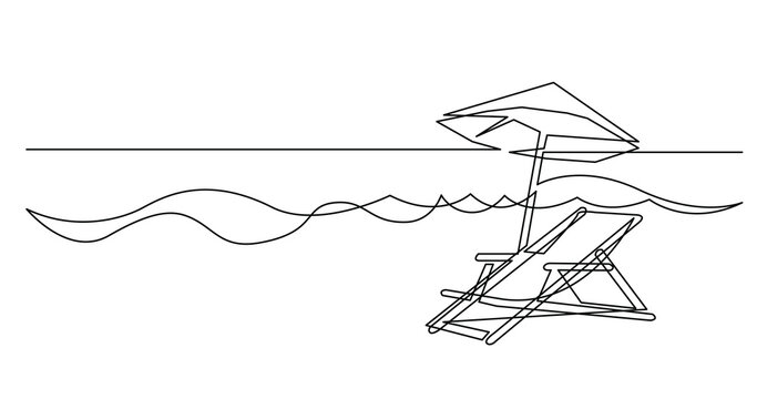 continuous line drawing of beach chair and umbrella near sea waves - PNG image with transparent background