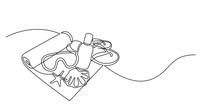 continuous line drawing of beach towel sunscreen lotion swimming googles flip flops on sand beach - PNG image with transparent background