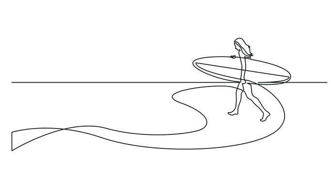 continuous line drawing of healthy young woman walking on beach with surf board - PNG image with transparent background