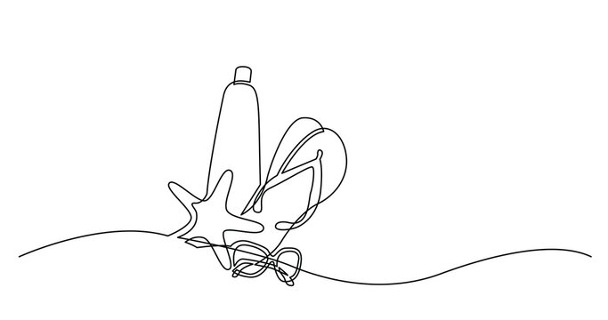 continuous line drawing of sunscreen lotion sunglasses flip flops starfish on sand beach - PNG image with transparent background