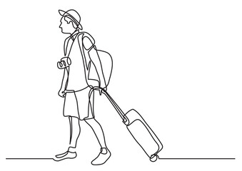 continuous line drawing young traveler rolling bag on wheels - PNG image with transparent background