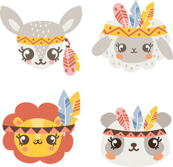 Vector set of children's illustrations. Cute animal faces in Indian headbands. Panda, lion, sheep, deer with feathers on their heads. Children's Indian themed party 