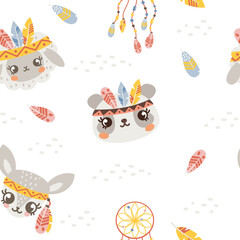 Seamless vector pattern. Cute animals in Indian armbands with feathers. Panda, deer, sheep. Dreamcatcher and beautiful feathers. Crown of feathers on animals 