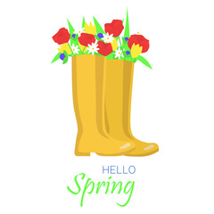Flowers in boots. Bouquet of spring flowers in yellow waterproof boots. Vector illustration.
