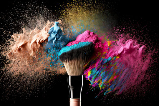 Creative Facial Makeup Splash Dry Cosmetic Powder With Brushes On Black Background