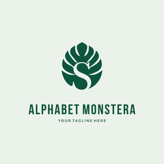 Alphabet Letter S  typography Logo custom green monstera deliciosa logo design vector illustration