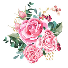 Romantic composition of pink roses, eucalyptus branches, golden branches and butterflies on a white background. Watercolor illustration.
