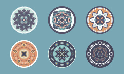 Set of Ethnic decorative elements. Round ornament patterns. Tribal rugs with geometric design.