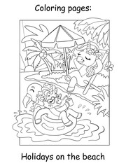 Cute unicorns relaxing on the beach kids coloring