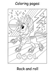 Cute cool unicorn in roller skates at the disco kids coloring