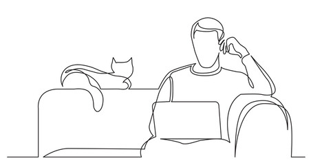 one line drawing of man sitting on sofa with cat with laptop working from home - PNG image with transparent background