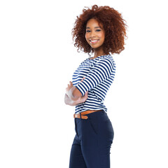 Fashion, portrait and happy black woman in a studio with a trendy, cool and stylish outfit. Beauty, smile and African female model with casual clothes isolated by a white background with mockup space
