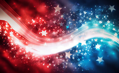 Abstract American Flag illustration in red, white and blue sparkling colors. Generative AI