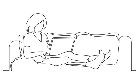 one line drawing of woman lying on sofa with laptop working from home - PNG image with transparent background