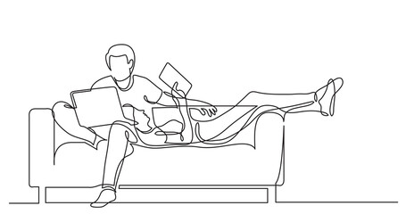 one line drawing of young couple relaxing on sofa with laptop tablet working from home - PNG image with transparent background