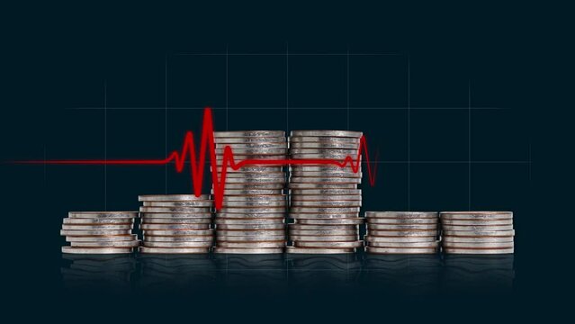 A pile of coins and a heartbeat graphic. Concept of economic crisis management.
