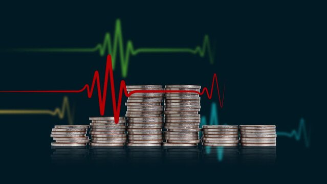 A pile of coins and heartbeat graphic. Concepts about the economic crisis.
