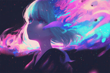 Fototapeta premium Aesthetic illustration of a girl looking up to the sky with beautiful effect