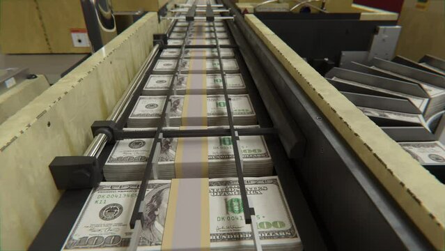 100 USA dollars banknotes are being printed by currency press machine. Animation showing a process of american money printing. Seamlessly looped video of money printing process.