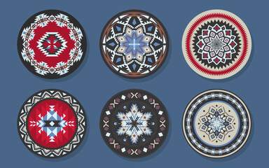 Set of Ethnic decorative elements. Round ornament patterns and borders. Tribal rugs with geometric design.