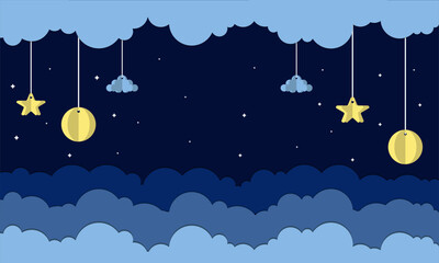 paper cut style clouds, stars, moon background with shades of blue like the nigh. flat design and text space